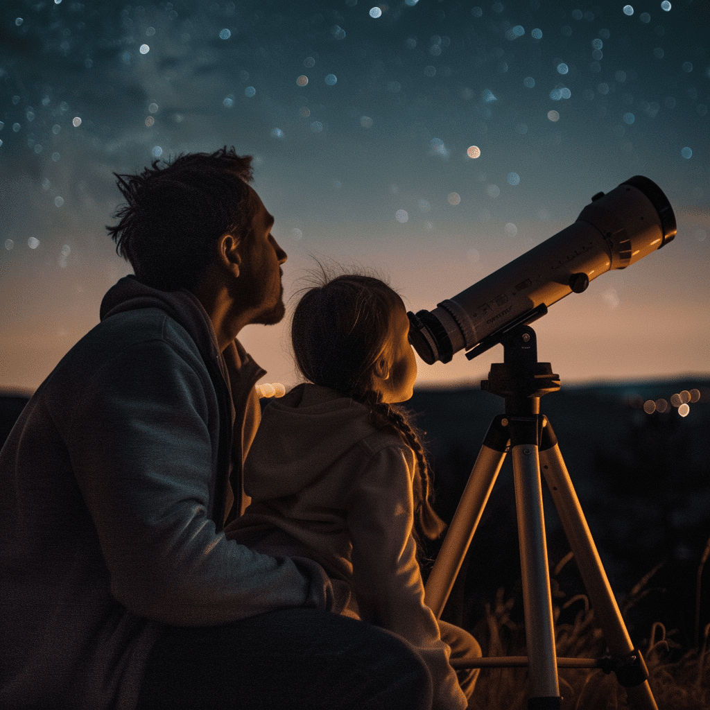 A man and daughter stargazing